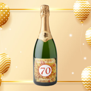 70th Birthday Red and Yellow Dahlia Personalized Sparkling Wine Label