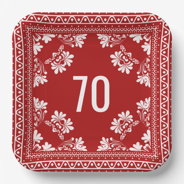 70th Birthday Red Bandana Paper Plate (Front)