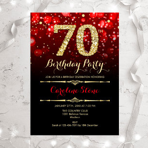 70th Birthday - Red Black Gold Invitation
