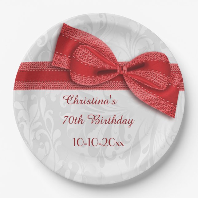 70th Birthday Red Damask and Faux Bow Paper Plate (Front)
