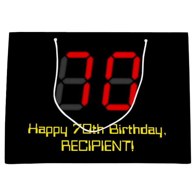 70th Birthday: Red Digital Clock Style "70" + Name Large Gift Bag (Front)