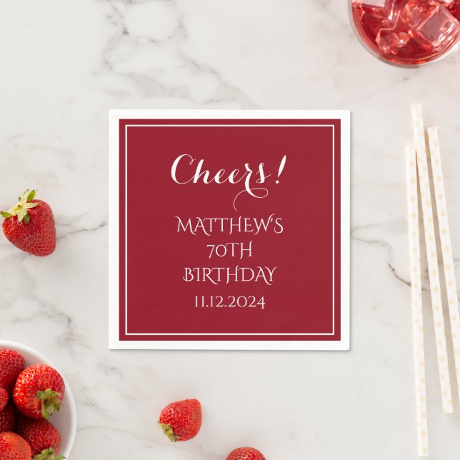70th Birthday Red Elegant Script Modern Cheers Napkin (Insitu)