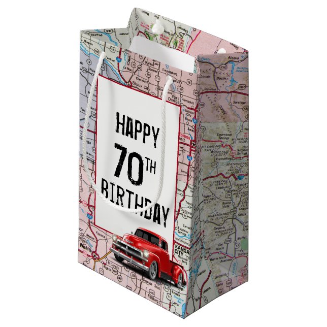 70th Birthday Red Retro Truck on Map  Small Gift Bag (Front Angled)