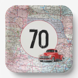 70th Birthday Red Retro Truck on Road Map  Paper Plate