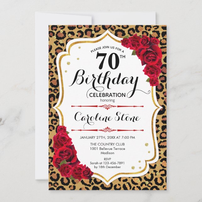 70th Birthday - Red Roses Leopard Print Invitation (Front)