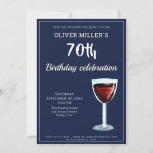 70th Birthday Red Wine Navy Blue Party Invitation