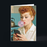 70th Birthday Retro Redhead Woman Texting  Card<br><div class="desc">A redheaded woman chewing pink bubblegum in a retro kitchen is texting on her smartphone for a 70th birthday.
All text can be changed.</div>