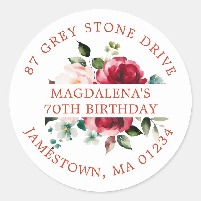 70th Birthday Rose Floral Return Address Label (Front)