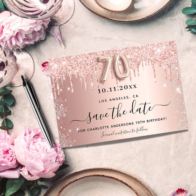 70th birthday rose glitter save the date announcement postcard (Creator Uploaded)