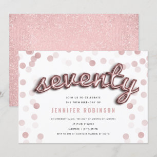 70th Birthday Rose Gold Balloons Glitter Invitation
