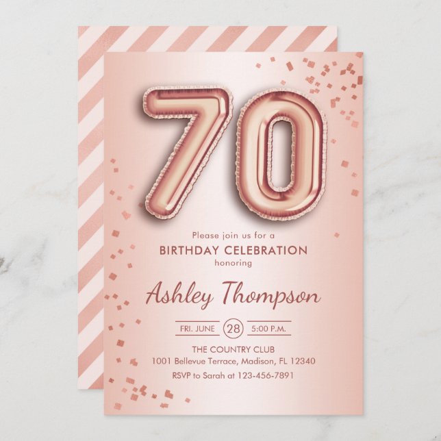 70th Birthday - Rose Gold Balloons Invitation (Front/Back)