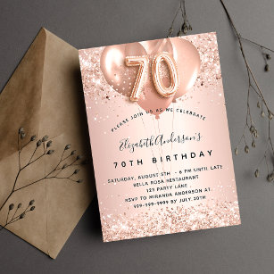 70th birthday rose gold blush balloons invitation