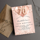 70th birthday rose gold blush balloons invitation<br><div class="desc">For an elegant 70th birthday.  A rose gold background. Decorated with rose gold,  pink faux glitter,  sparkles and balloons.  Personalize and add a name,  and party details. The name is written with a hand lettered style script,  number 70 with balloon style fonts.</div>