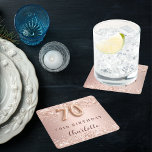70th birthday rose gold blush name square paper coaster<br><div class="desc">Elegant,  classic,  glamourous for a 70th birthday party.  Rose gold and blush gradient background. Decorated with rose gold confetti.  Personalize and add a name.   The name is written with a modern dark rose coloured hand lettered style script.   Number 70 is written with a balloon style font.</div>