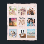 70th birthday rose gold blush photo collage name fleece blanket<br><div class="desc">A unique gift for a 70th birthday, celebrating her life with a collage of 8 of your own photos, pictures. Personalize and add her name and a date. A chic, girly rose gold, blush pink background. The name is written with a modern hand lettered style script. Number 70 with a...</div>