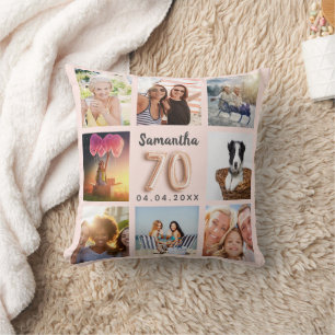 70th birthday rose gold blush photo collage throw pillow