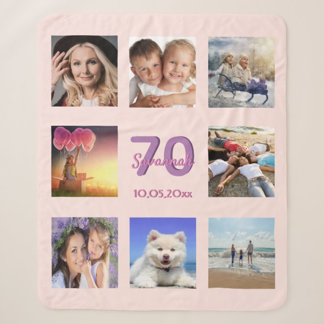 70th birthday rose gold blush pink photo collage sherpa blanket (Front)