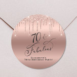 70th Birthday Rose Gold Glitter Classic Round Sticker<br><div class="desc">Send out your seventieth birthday party invitations and correspondence sealed with these chic and elegant personalized stickers. "70 & Fabulous" is written in stylish script against a rose gold background,  with rose gold faux glitter dripping from the top.</div>