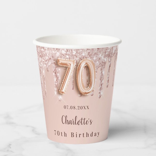 70th birthday rose gold glitter drips monogram paper cups (Front)