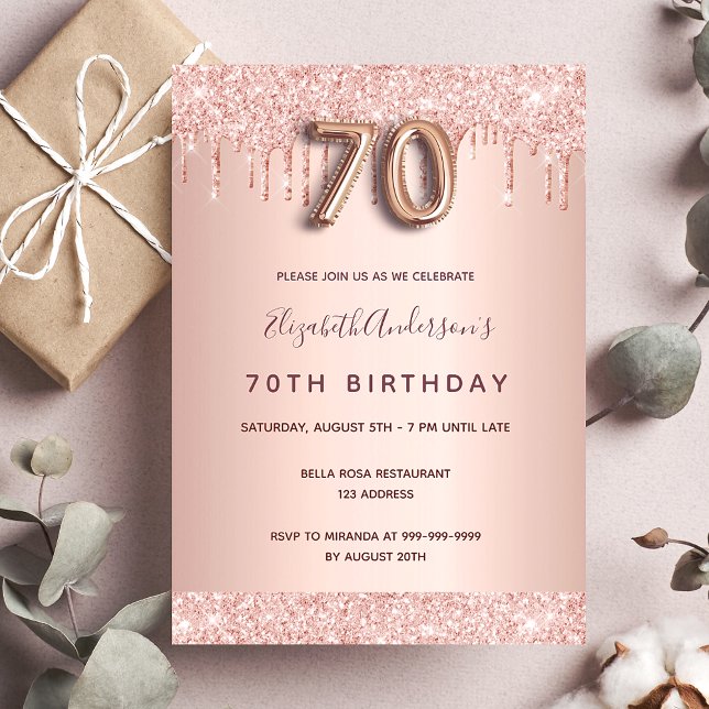 70th birthday rose gold glitter drips pink glam invitation (Creator Uploaded)