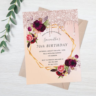 70th Birthday rose gold glitter florals invitation Postcard