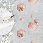 70th birthday rose gold glitter pink monogram confetti<br><div class="desc">Girly and feminine confetti for a 70th birthday party table setting. A rose gold faux metallic, foil looking background decorated with faux rose gold glitter drips. Personalize and add her name/text. Dark rose gold coloured letters. Some confetti chips with name and date, others with number 70 written with a balloon...</div>