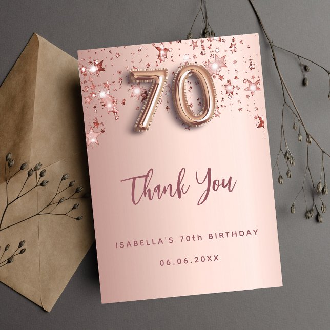 70th birthday rose gold pink stars thank you card (Creator Uploaded)