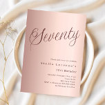 70th birthday rose gold script simple luxury invitation<br><div class="desc">A modern,  stylish invitation for a 70th birthday party.  Rose gold gradient background and the word Seventy written with elegant large script letters in dark rose gold. Personalize and add a name and party details.</div>