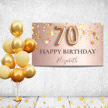 70th birthday rose gold stars blush script party banner<br><div class="desc">Elegant, classic, glamorous and girly for a 70th birthday party. Rose gold and blush pink, gradient background. Decorated with faux gold stars. Personalize and add a name. With the text: Happy Birthday. The name is written with a modern dark rose colored hand lettered style script. Number 70 is written with...</div>