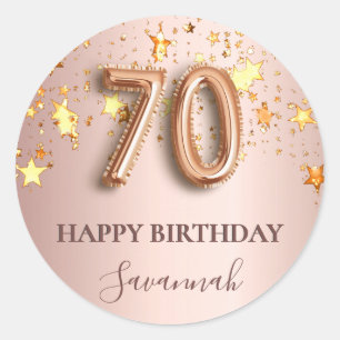 70th birthday rose gold stars pink balloon font classic round sticker