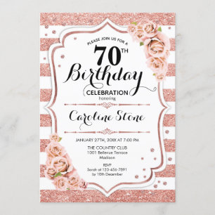 70th Birthday - Rose Gold White Stripes Invitation