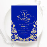 70th Birthday Royal Blue Gold Roses Invitation<br><div class="desc">Royal blue gold elegant 70th birthday party invitation. Classy design featuring roses,  faux gold foil and typography script font. Trendy invite card perfect for a stylish female bday celebration. Personalize with your own details. Can be customized to any age. Printed Zazzle invitations or instant download digital printable template.</div>
