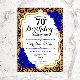 70th Birthday - Royal Blue Roses Leopard Print Invitation