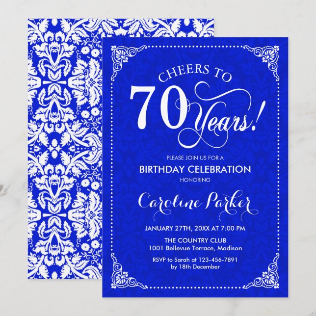 70th Birthday - Royal Blue White Damask Invitation (Front/Back)
