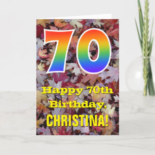 70th Birthday; Rustic Autumn Leaves; Rainbow "70" Card