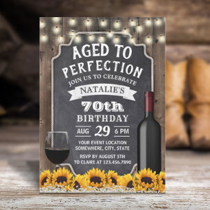 70th Birthday Rustic Sunflowers & Wine Invitation