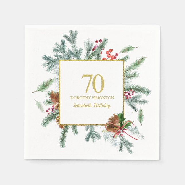 70th Birthday Rustic Winter Greenery Red Bow Napkin (Front)