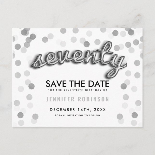 70TH Birthday Save The Date Silver Balloons Announcement Postcard (Front)