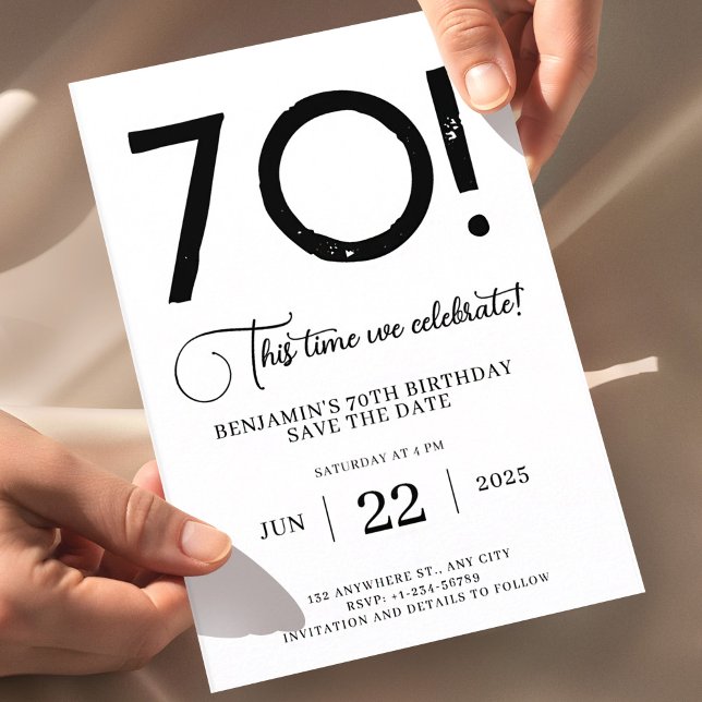 70th Birthday Save The Date Unique Minimalist Invitation (70th birthday save the date card modern black white, bold typography 70 birthday invitation, minimal)
