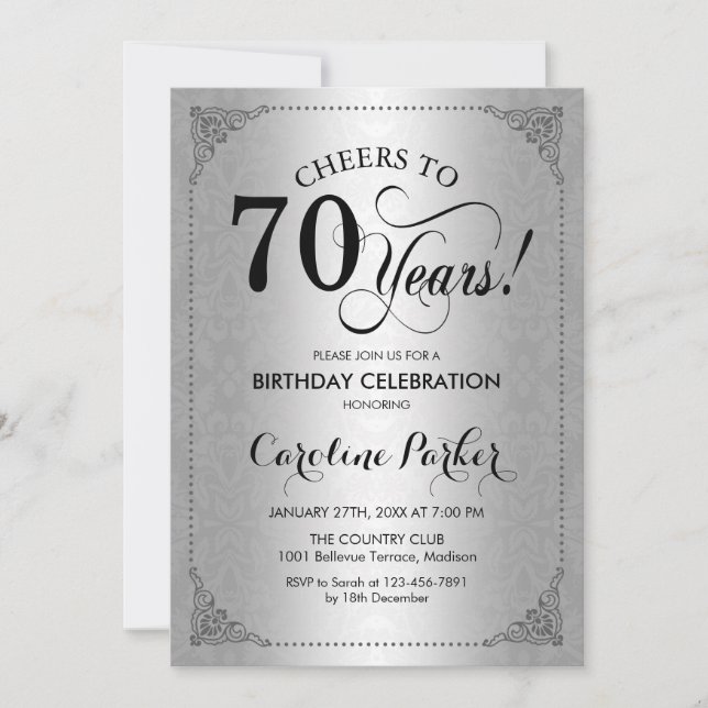 70th Birthday - Silver Damask Invitation (Front)