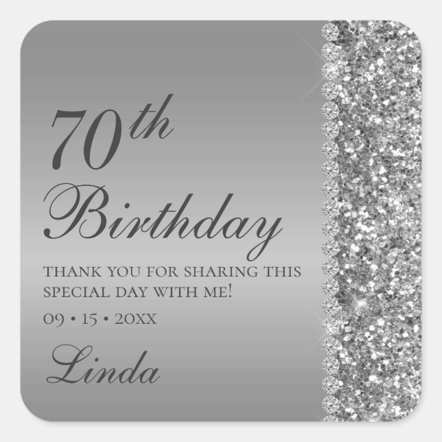 70th Birthday Silver Glitter Diamonds Thank You Square Sticker (Front)