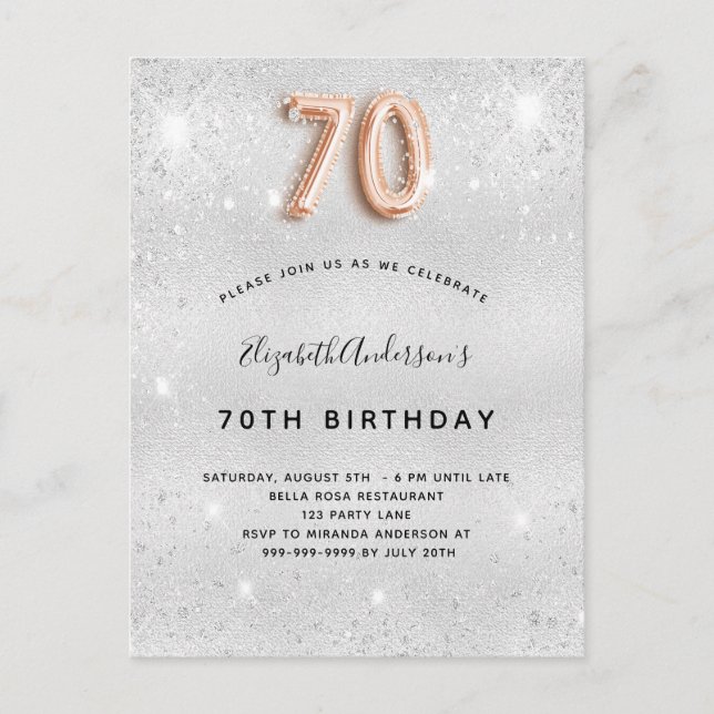 70th birthday silver metal rose gold glitter invitation postcard (Front)