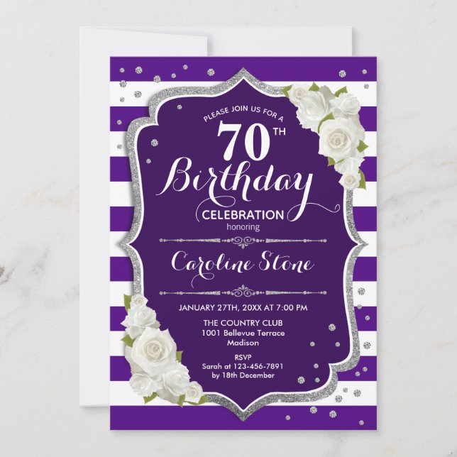 70th Birthday - Silver Purple White Stripes Roses Invitation (Front)