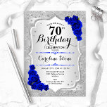 70th Birthday - Silver Stripes Royal Blue Roses Invitation<br><div class="desc">70th Birthday Invitation. Elegant floral design in silver and royal blue. Features faux glitter silver stripes,  sapphire roses stylish script font and confetti. Perfect for a glam birthday party.</div>