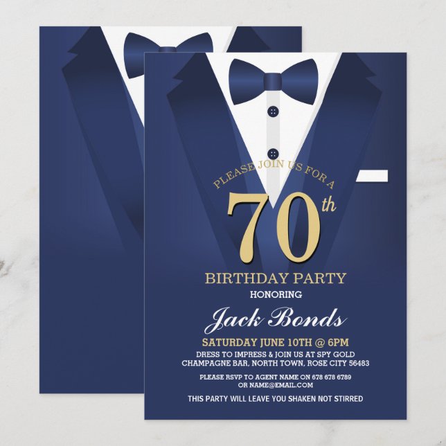 70th Birthday Spy Suit Black Tie Navy Invitation (Front/Back)