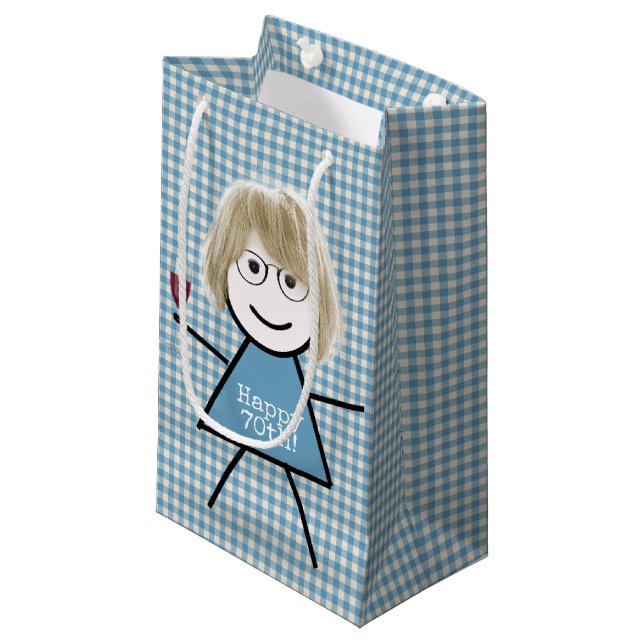 70th Birthday Stick Girl On Gingham with Wine  Small Gift Bag (Front Angled)