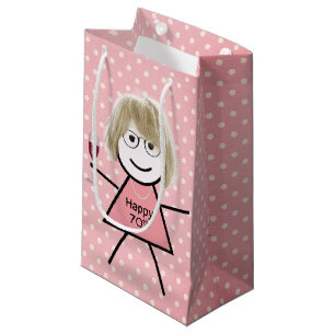 70th Birthday Stick Girl On Polka Dots Small Gift Bag
