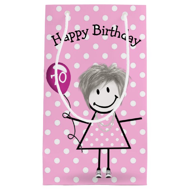 70th Birthday Stick Girl with Pink Balloon Small Gift Bag (Front)