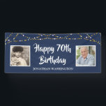 70th Birthday String Lights Photo Blue Banner<br><div class="desc">Celebrate a 70th birthday and welcome party guests with this editable blue banner sign featuring two photos (perhaps THEN and NOW pictures of the birthday man or woman) with a border of gold and white string lights. EDITABLE COLOR: The blue background colour and text fonts and colour can be changed...</div>