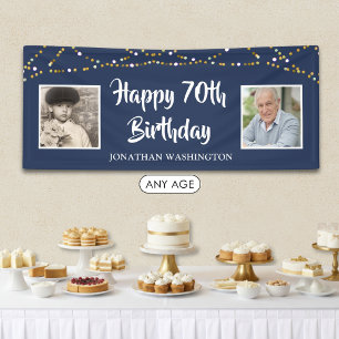 70th Birthday String Lights Photo Blue Banner